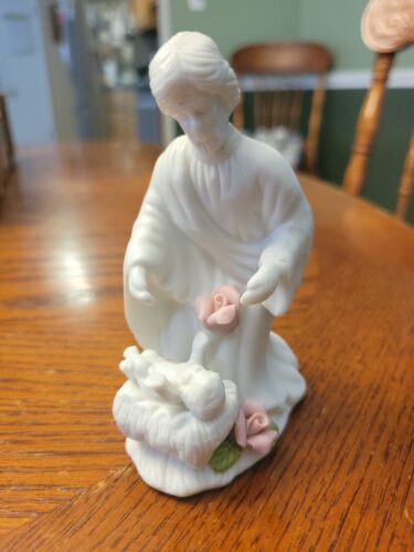 Albert E Price Products Ceramic Figurine Joseph Baby Jesus Pink Flowers White 4" - Picture 1 of 5