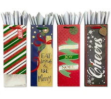 THE JOY TREE Bottle Gift Bags and Tissue - Set of 4 Holiday Bags