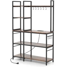 Bakers Rack 5-Tier Bar Cabinet Printer Stand W/ 10-Shaped Hooks & Power Outlets