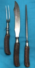3 Pc Antler Handle Carving Set - Sterling Silver Endcaps & Bands Meriden Cutlery