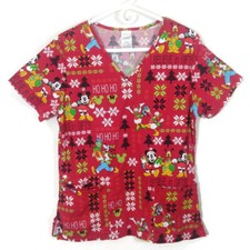 Disney Characters Holiday Mickey Mouse Donald Duck Scrub Top Multicolor Size S