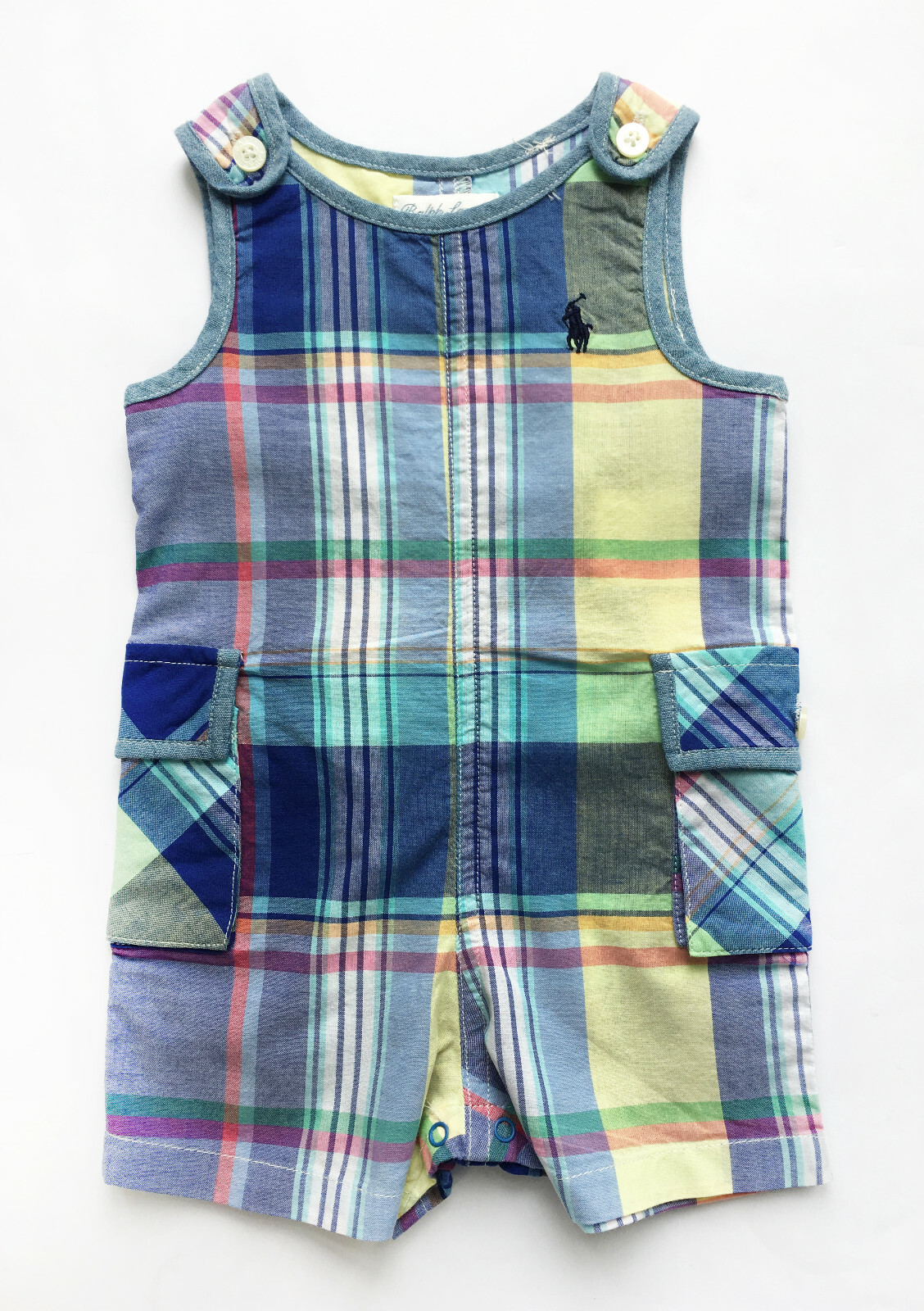 Ralph Lauren All-in-One Dungaree Shortall Romper - Blue Check -  3 Months (BC36)