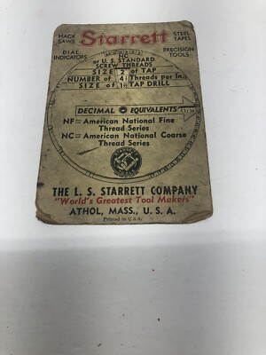 Antique STARRETT Screw Threads & Tap Drill Sizes Dial Chart Dirty 1943