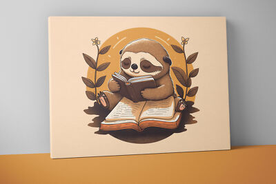 Adorable Sloth Canvas Print - Reading Book - Cute Animal Wall Decor V12