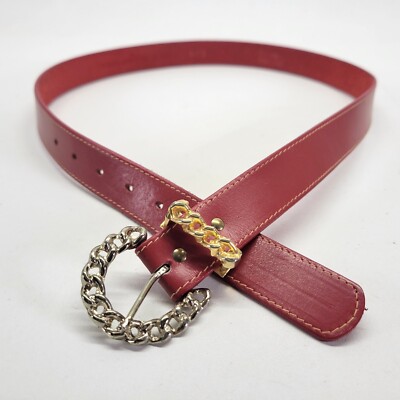 Chain Buckle Leather Belt 32 Red Vtg