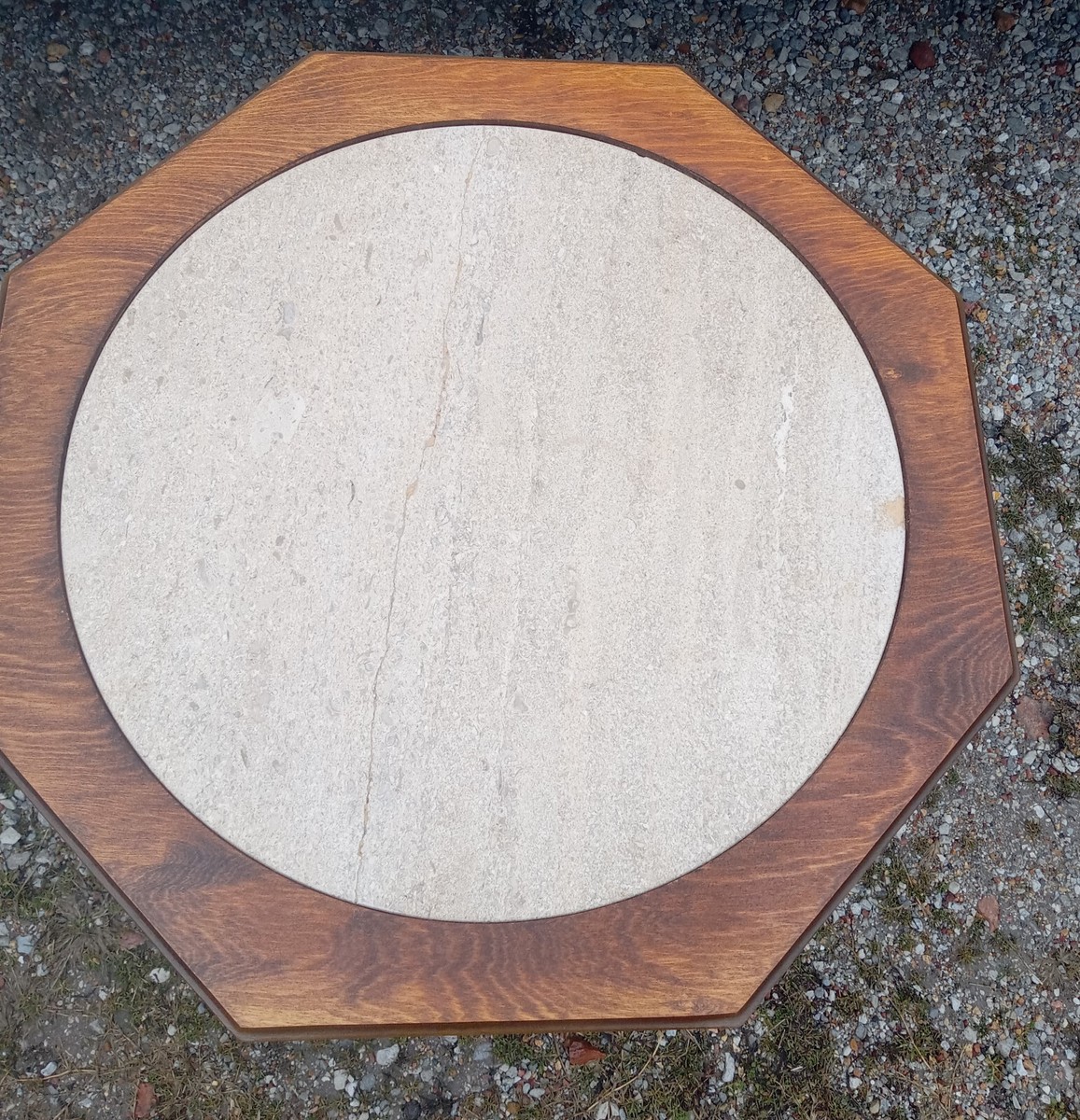Mid Century Walnut Marble Top Octagon End Table / Side Table