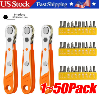 Ratcheting Right Angle Screwdriver Hex Drive 90 Degree Offset + 10pc Bits Set!