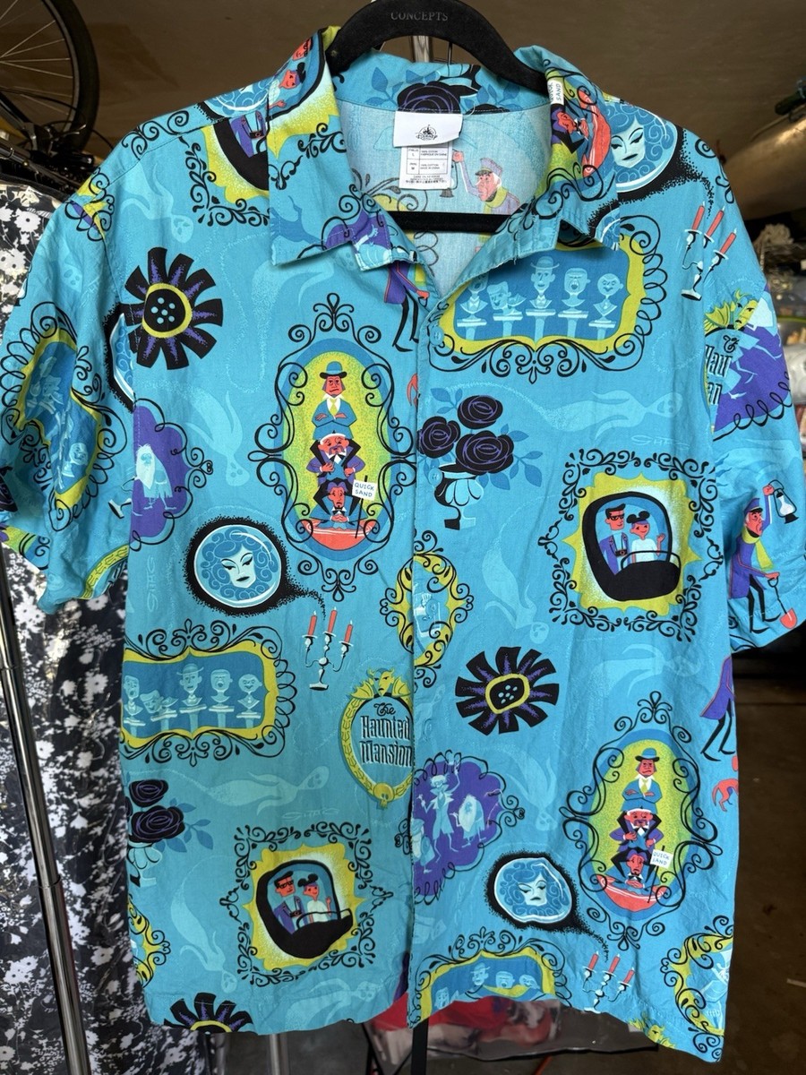 haunted mansion dress shirt Disney Parks Haunted Mansion Men's Button-Up Shirt L Blue Multicolor Cotton