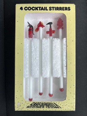 (4) Vintage Art Glass Fireman Swizzle Sticks Cocktail Stirrers Bar Ware NOS