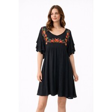 Umgee Black Embroidered Floral Flutter Sleeve V Neck Mini Dress Size M