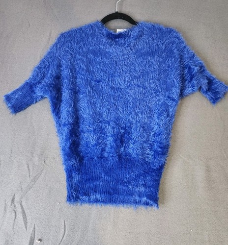Vintage Y2K Circus Moda Mohair Royal Blue Shaggy Fuzzy Sweater Short Sleeve OSFA