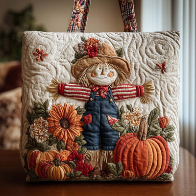 Personalized Autumn Fall Pumpkin Scarecrow Harvest Season Quilted Tote Bag Gift