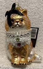 Cat w/Lace  Pearl Scarf  Black Bow Glass Ornament