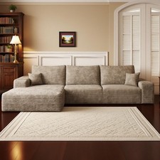 107"Camel Plush L Shaped Sectional Couch Corduroy Boneless Sofa with Left Chaise