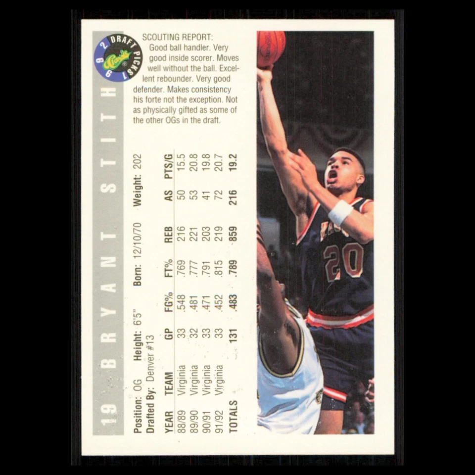 Bryant Stith #19 1992 Classic Draft Virginia Cavaliers Basketball Card NBA NM - Image 2 of 3