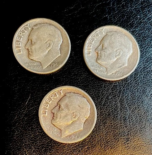 Lot * Of Silver  Coins,  3 Dimes,  1948 ,1948,1948.  Dates.