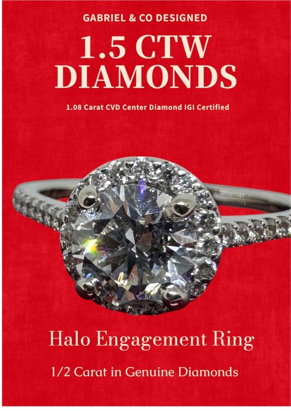 Gabriel & Co. Engagement Ring 1.08 Ct Lab Created Center .50 Carat Tw Genuine