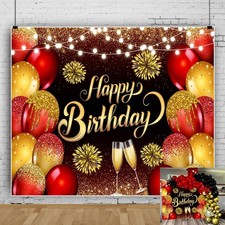 Red And Gold Happy Birthday Photography Background 10x8ft Photo Booth Props