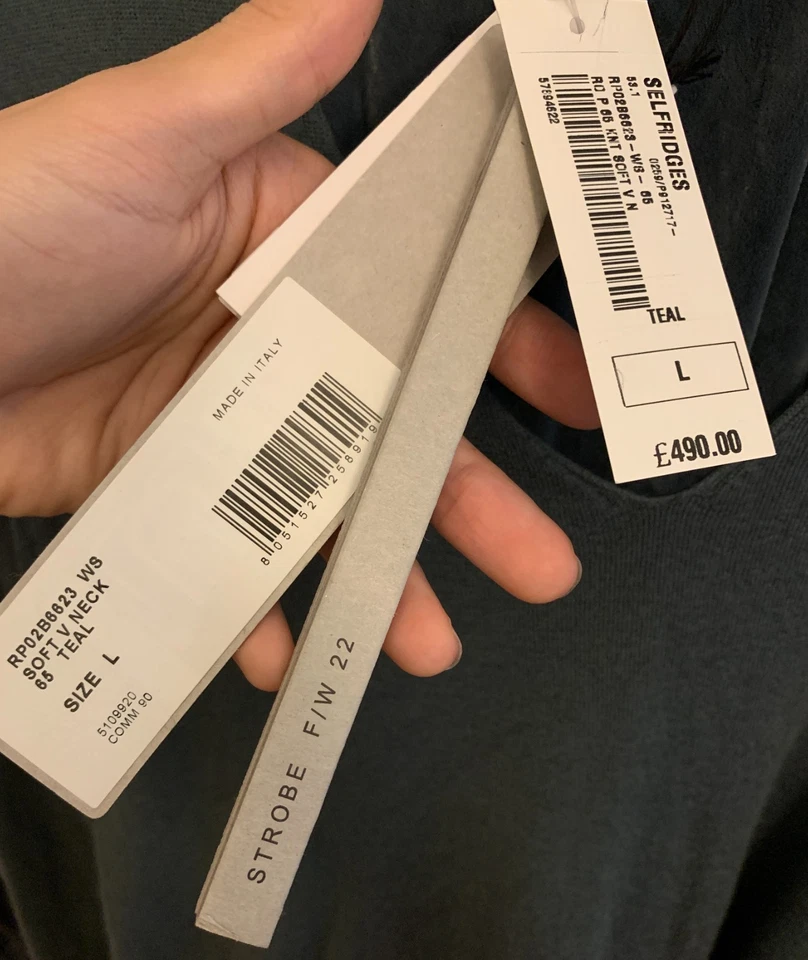 Rick Owens FW22 "Strobe" - Soft V Neck Cashmere Sweater (Teal, W Sz L) - NWT - Image 3 of 4