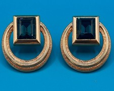 Swarovski SAL Earring Large Hoop Montana Blue Crystal Stone Pierced Gold Tone
