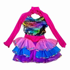 Weissman Jazz Rainbow Sequin Dance Costume Sz SC Hot Pink Childs Reversible