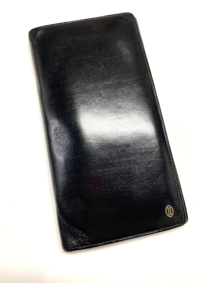 CARTIER VINTAGE PASHA ORO CC EMBLEMA CUERO CARTERA LARGA PLEGABLE FRANCIA NEGRO - Imagen 4 de 4