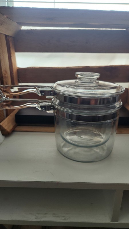 Vintage Pyrex Flameware Clear Glass Double Boiler 3 Piece Set Pots and Lid #6283