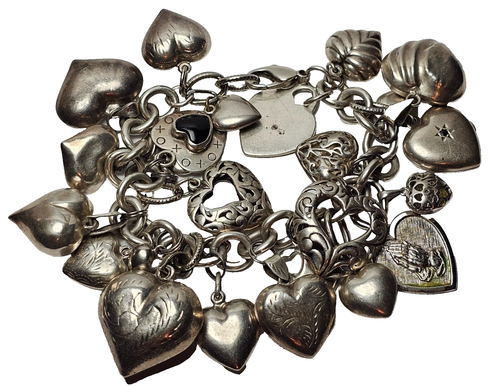 ESTATE STERLING PUFFED HEART CHARM BRACELET-8.5"-25 HEARTS-LOCKETS-WOW! - 第 1/12 張圖片