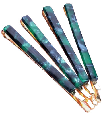 Gold Tone Bobby Pins 4 Set Acetate Green & Dark Navy Tortoise With Organza Bag