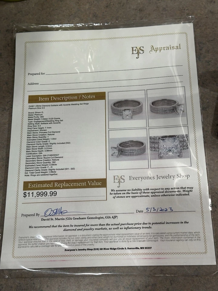 Juego de boda de platino con diamantes naturales, tamaño 5,5, solitario de 1 quilate, 1,59 ctw, soldado Foto 3 de 4