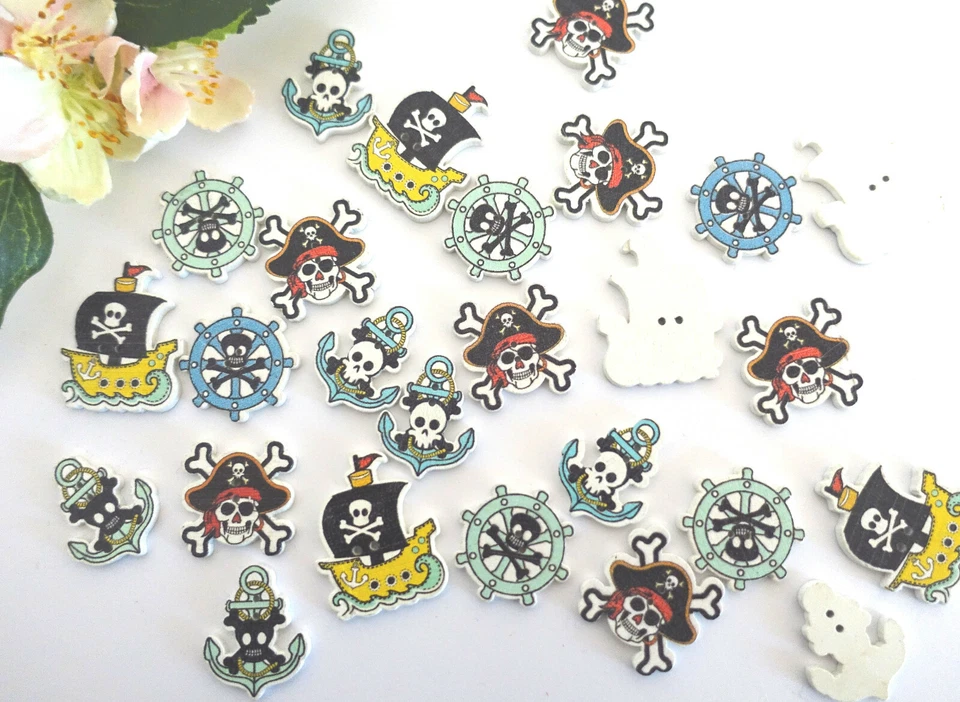 5 Knöpfe Pirat Skull Maritim Schiff Anker Knöpfe Kinder Jungen schwarz weiß rot - Bild 2 von 4