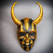 Horned Demon Masquerade Gothic Black GOLD Halloween Costume Devil Face Mask