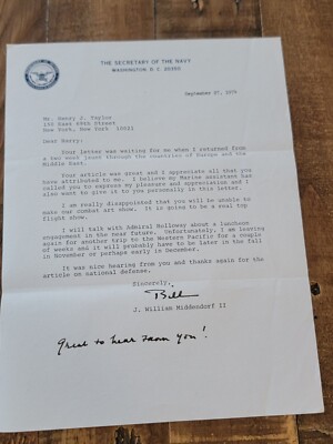 J William Middendorf II (Secretary Of The Navy) Signed Letter Dated 1974