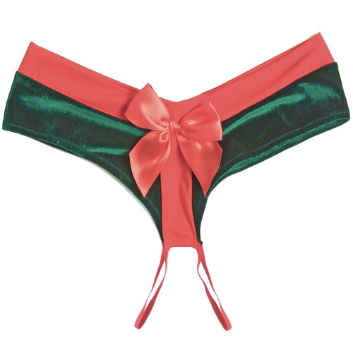 Green Velvet Present Panty Womens One Size OS Crotchless with Red Bow Underwear - Picture 5 of 5