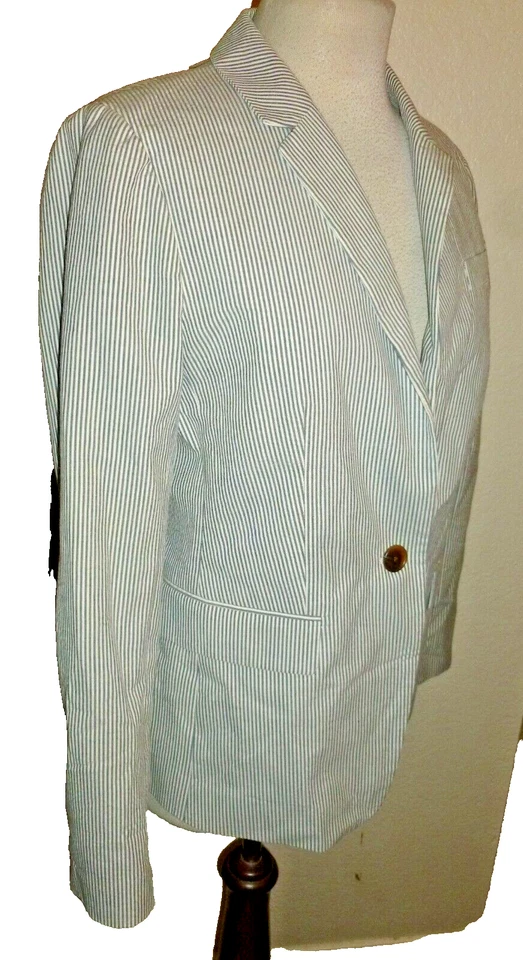 J. CREW 100% Algodón Blazer Chaqueta Azul Gris PinStripe Ligero Verano talla 10 Foto 3 de 4