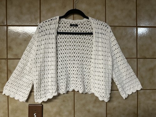 Alfani Women’s Retro Boho Peasant Cottage Crochet Cardigan Sweater, White Sz XL