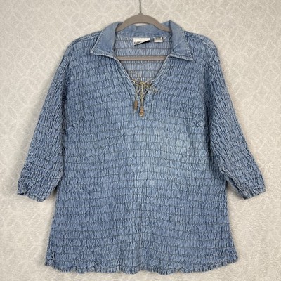 Vtg Fashion Bug Denim Top Women 18/20 Blue Jean Lace Up Boho Renaissance Prairie