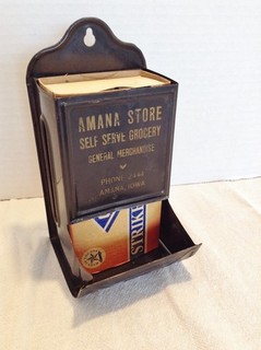 Vtg Tin Kitchen Match Box Holder Wall Mount Advertising Amana Store Amana IA
