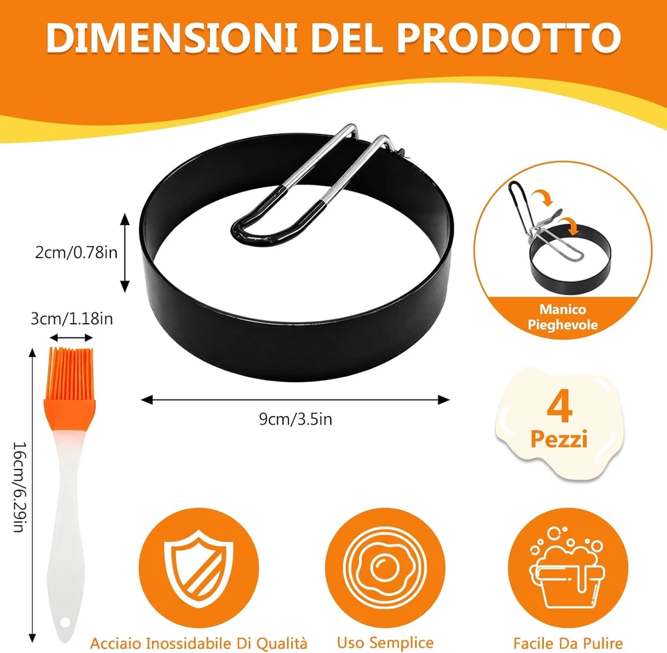 4 Stampini per Uova in Acciaio Inossidabile, Antiaderenti, 3,5 Pollici Con Manig - Immagine 2 di 4