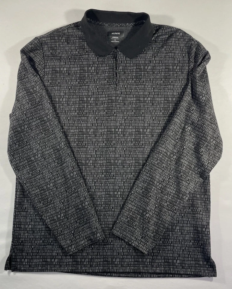 Alfani Polo Shirt Mens XL Black and Gray Long Sleeve Stretch 100% Recycled Mat. - Image 2 of 4