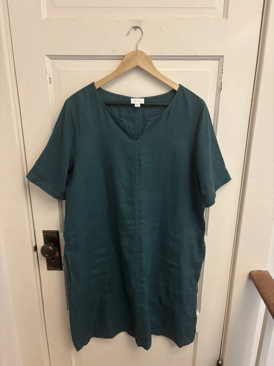 knee length dresses for ladies SARASTUS Women's Dark Blue Midi Linen Dress With Short Sleeves main image 0