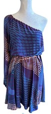 Blossom & Honey 100% Silk Party Dress One Shoulder Knee Length Belted Graphic S