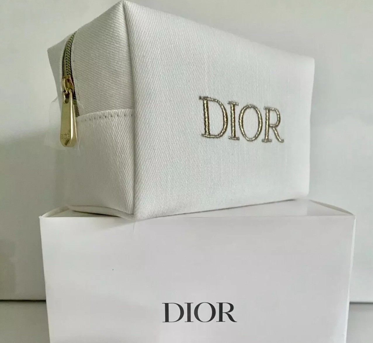 DIOR White Ivory Cosmetics Case with Gold Logo & Zipper New-image
