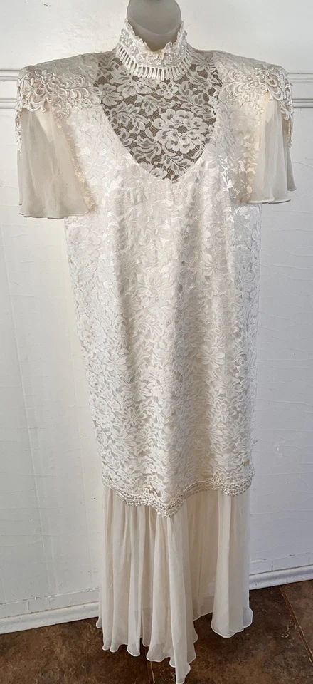 JESSICA MCCLINTOCK 1990s Lace Silk Chiffon Edwardian Style Wedding Dress Sz 9/10 - Image 2 of 4