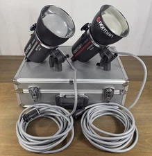 2X Norman LH500 Studio Lampheads W/ Storage Case Cords Professional PhotographyB