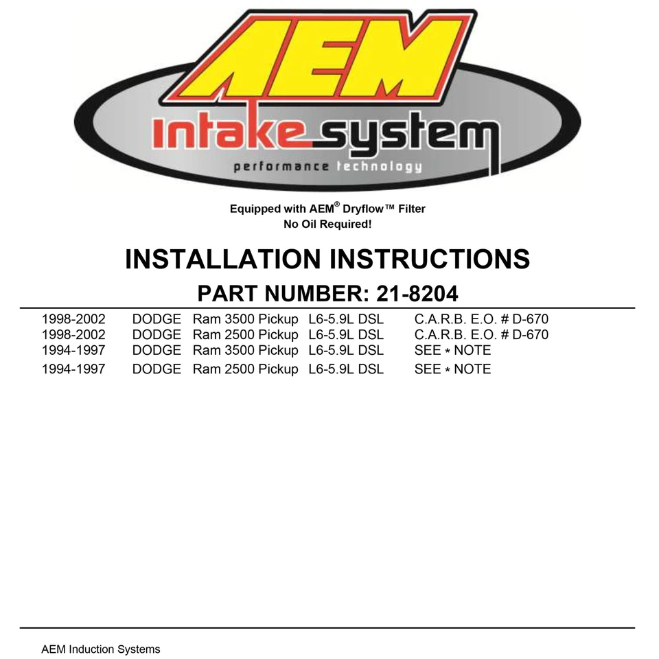 AEM 21-8204DC Performance Cold Air Intake for 1994-02 Ram 2500 3500 5.9L Diesel - Image 4 of 4