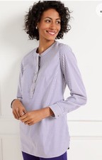 TALBOTS Non Iron Band Collar Tunic XL Dreamy Striped Embellished Button New