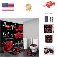 4 Pcs Red Rose Shower Curtain Sets with Rugs Black Blessed Bathroom Sets with...