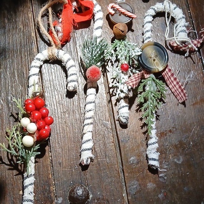 Handmade Rustic Candy Cane Ornaments with Buttons, Bells, Berries Set of 4