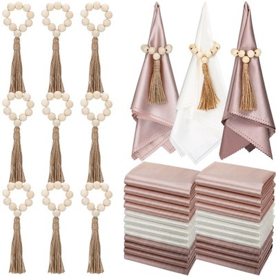 36 Pcs Napkin Rings Set 12 Wood Bead Napkin Rings, 24 Cloth Napkins Boho Farm...